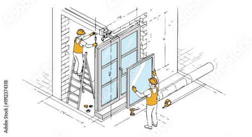 Isometric Window Installation Blueprint: Construction Workers Replacing Door/Window Unit in Brick Wall with Architectural Dimensions and Safety Gear