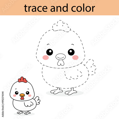Trace and Color Chicken Worksheet for Preschool Kids
