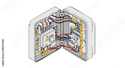 Isometric Electrical Control Panel Diagram. Open Distribution Board with Wiring, Main Switch, Breakers, and Terminals. Technical Line Art Illustration.
