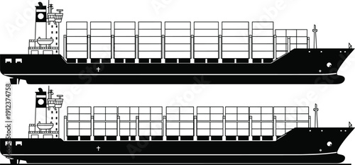 Black and white container cargo ship silhouette illustration showing maritime transport logistics global shipping freight vessel design