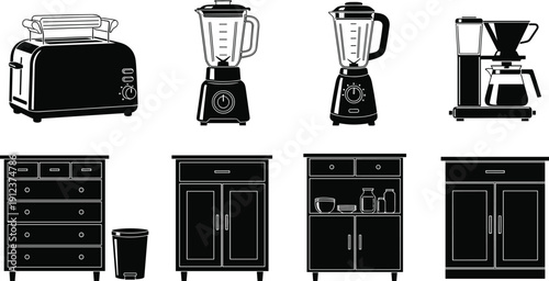 Black and white kitchen appliances and furniture icons set with toaster blender coffee maker cabinets for modern home interior vector illustration