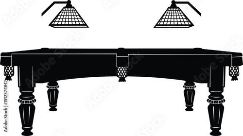Black, silhouette, billiard, pool, table, with, hanging, lamps, snooker, game, sport, furniture, interior, vector, illustration, isolated, white, background, recreation, leisure