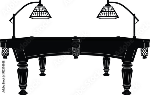 Black, silhouette, billiard, pool, table, with, overhead, lamps, snooker, game, sport, furniture, interior, vector, illustration, isolated, white, background, recreation, leisure
