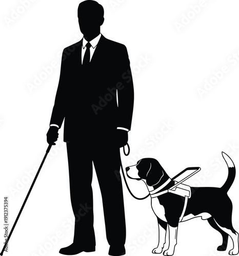 Blind man with guide dog silhouette illustration, visually impaired person using cane, assistance animal and accessibility concept, black and white design