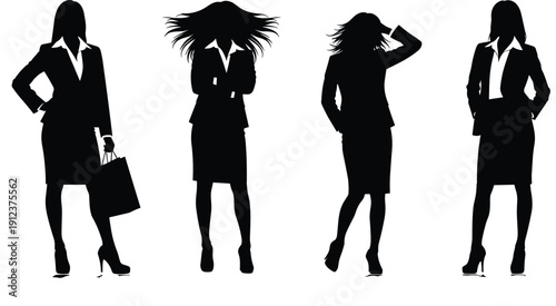 Business woman silhouette illustration set, professional female office fashion poses, corporate leadership career lifestyle concept, confident modern style, isolated black vector