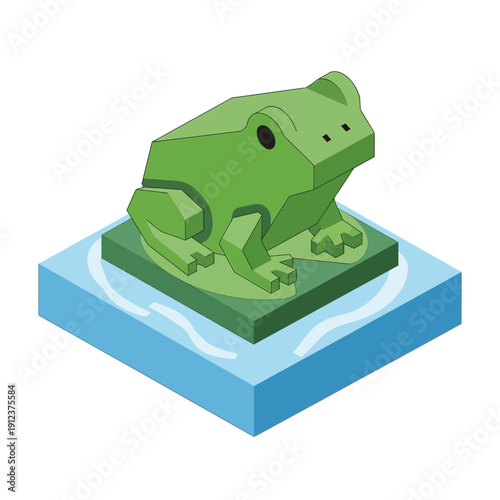 Low poly green frog sitting on a lily pad.