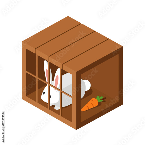 White rabbit confined in a wooden crate with carrot inside.