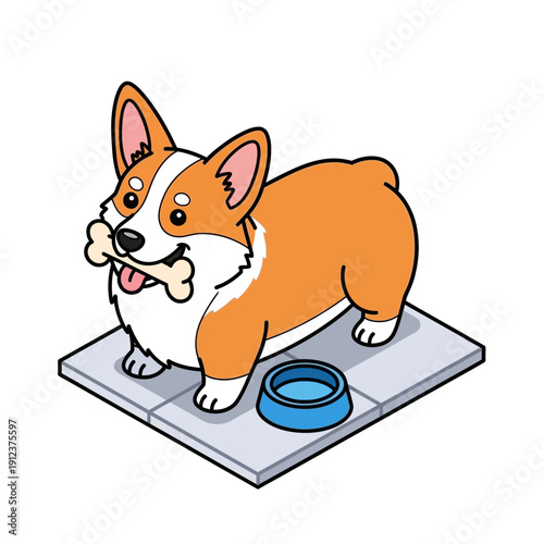 Corgi dog standing on a scale with a bone in its mouth.