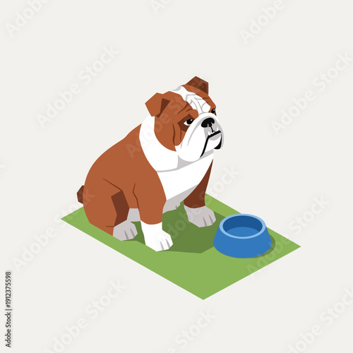 Brown and white bulldog sitting next to a bowl on a green mat.