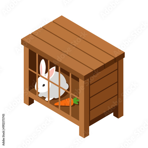 Fényképezés White rabbit in a wooden hutch with a carrot.