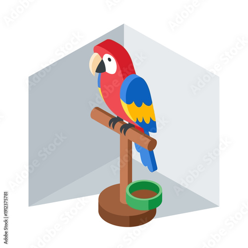 Colorful parrot perched on a wooden stand inside a transparent cage.