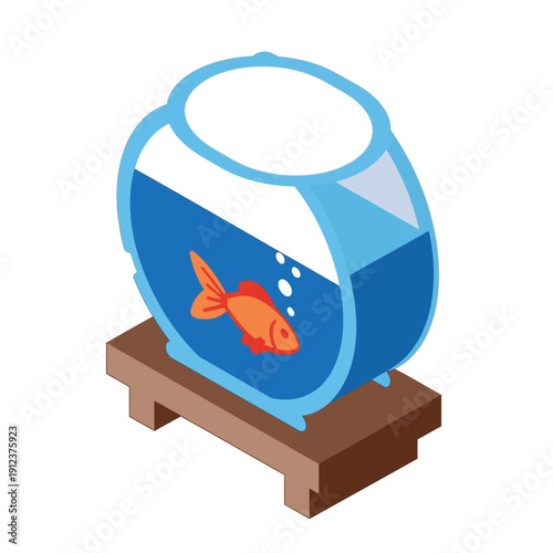 Goldfish swimming in a glass bowl on a wooden stand.