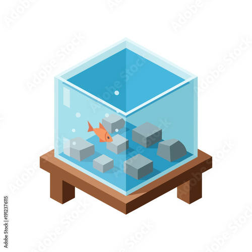 Goldfish swimming in a glass aquarium on a wooden table.