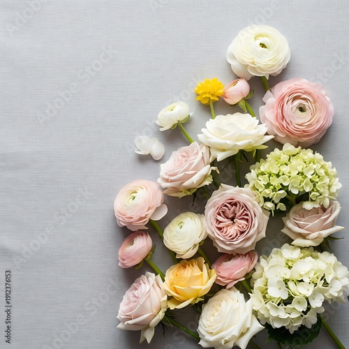 Pastel colored floral arrangement on neutral backdrop creating a soft aesthetic