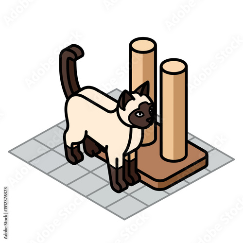 Siamese cat scratching post cartoon illustration.