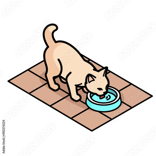A cartoon cat drinking water from a blue bowl on a tiled floor.