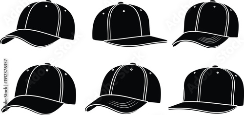 Black baseball cap silhouette vector set with snapback hats sports headwear collection clothing apparel accessories icons isolated on white background for casual fashion design.