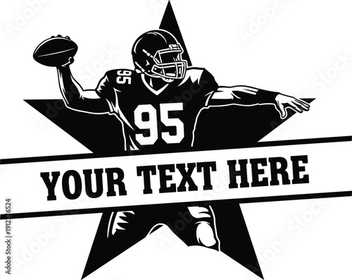 American football player illustration with star background, quarterback throwing ball, customizable text banner for sports branding, black and white design