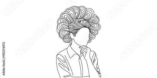 Minimalist line art illustration of a person with voluminous curly hair in a pensive thinking pose.