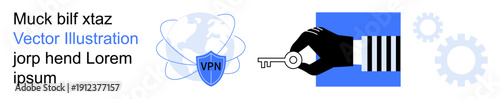 Digital security, VPN technology, data encryption, access control, online privacy, secure connection. Shield with VPN, hand with key gear icons. Digital security and VPN technology
