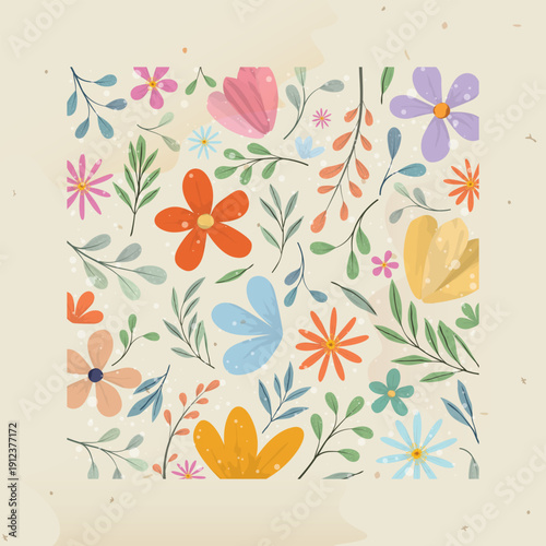 Cute pastel floral in spring season on beige color square background hand drawn and retro style.