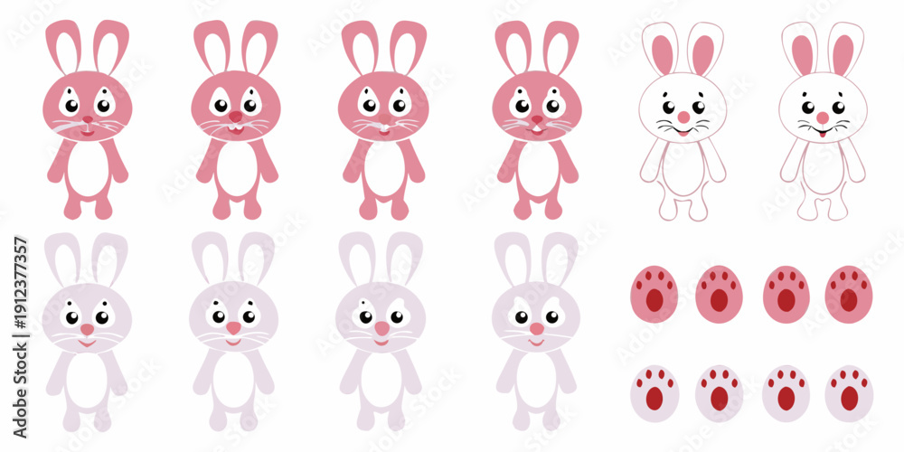Obraz premium Cute cartoon bunnies in various poses and color schemes are displayed