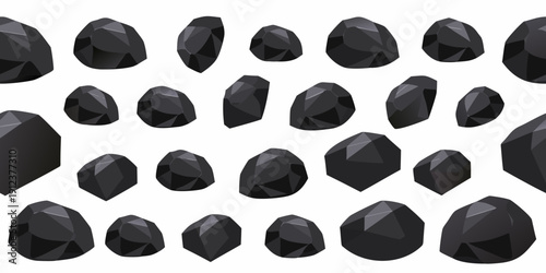 Abstract arrangement of dark polygonal shapes against a white background