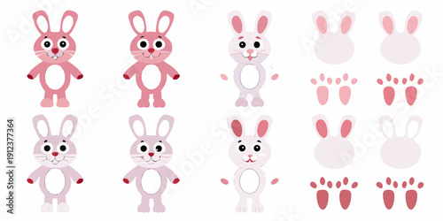 Cute pink cartoon rabbits and their separate body parts displayed neatly