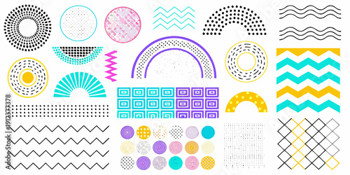 Colorful geometric patterns and shapes arranged on a white background