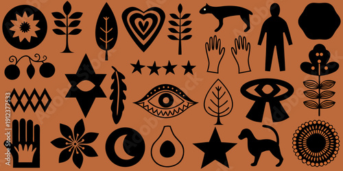 Collection of ancient petroglyphs and symbolic shapes in dark silhouette