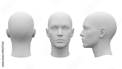 Blank white male head mannequin model views showcasing front side and rear three dimensional form