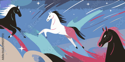 Stylized illustration of three horses galloping under a starry night sky