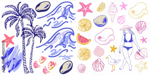 Whimsical summer doodles featuring tropical fruits ocean waves and beach elements
