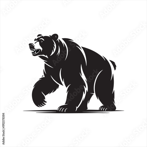 Aggressive black bear walking forward, wild animal silhouette, roaring with open mouth and sharp teeth
