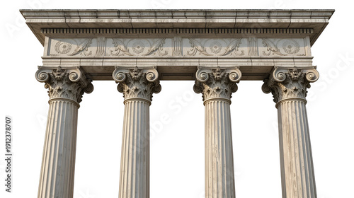 Detailed classical stone columns with ornate Corinthian capitals and an architrave isolated on white for architectural design