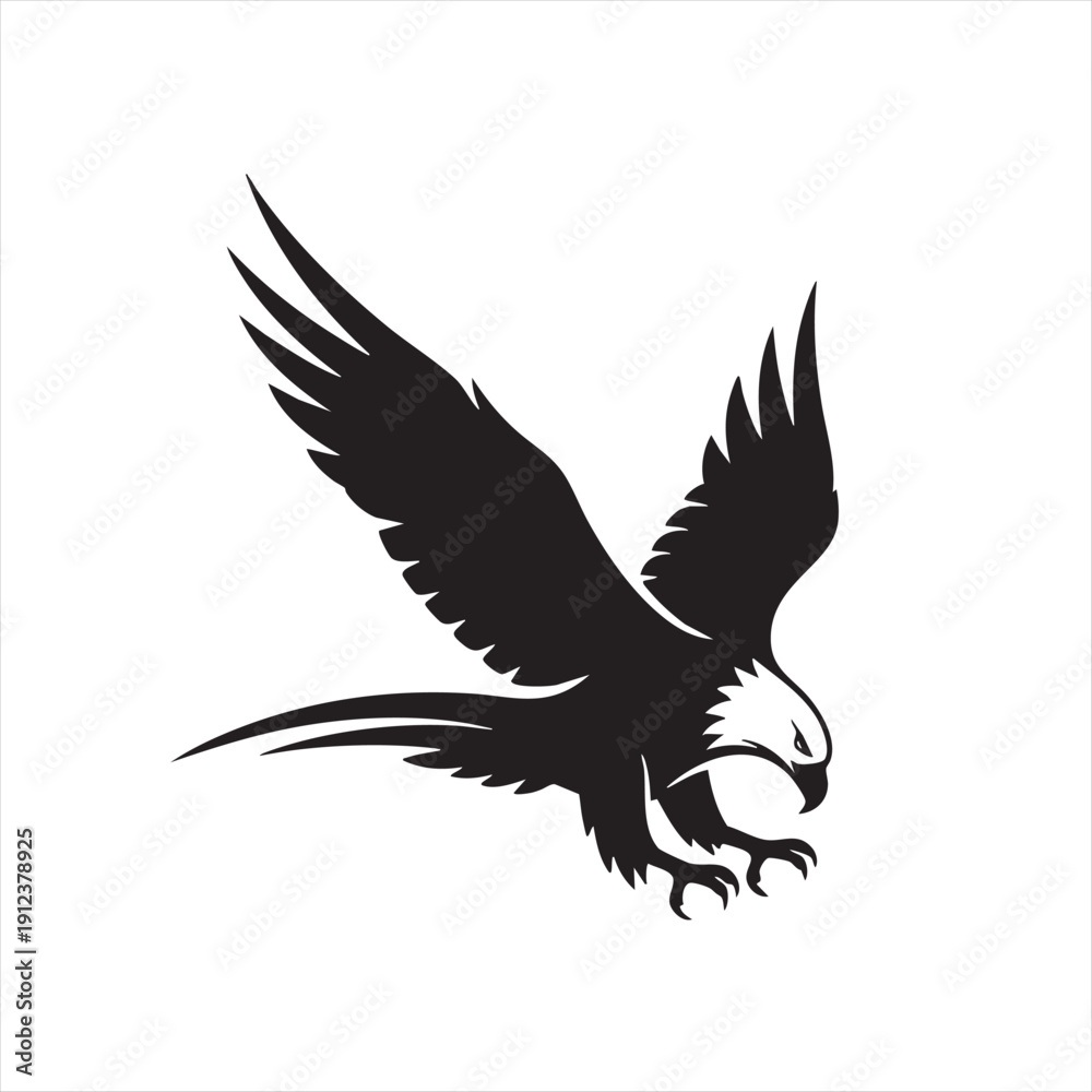 Fototapeta premium Black flying eagle vector illustration. predatory bird with sharp claws isolated on white background. animal design for logo or emblem