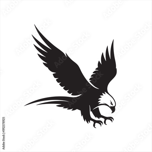 Black flying eagle vector illustration. predatory bird with sharp claws isolated on white background. animal design for logo or emblem