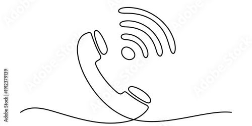 One line drawing of a telephone handset with signal waves representing communication and support