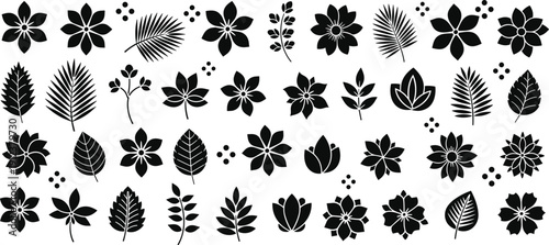 Black floral silhouettes and minimalist leaf vector icons set with blooming flowers tropical palm fronds and botanical elements for elegant wedding invitation and pattern design