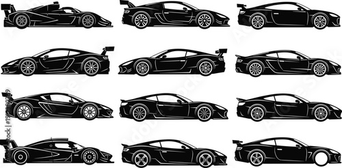 Black supercar silhouette vector set with racing car sports vehicle side view luxury transport automotive icons collection isolated on white background for speed garage design.