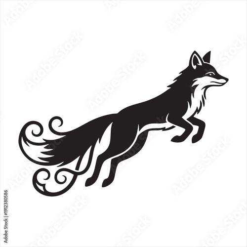 Fox jumping black silhouette with ornate tail isolated on white background, elegant wildlife vector illustration