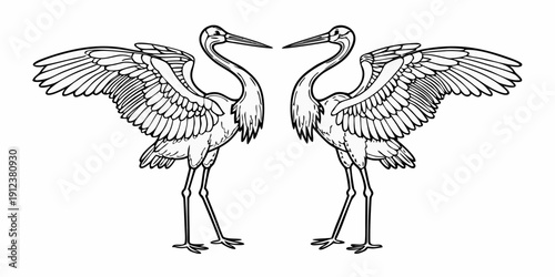 Two cranes facing each other with wings partially spread sketch style