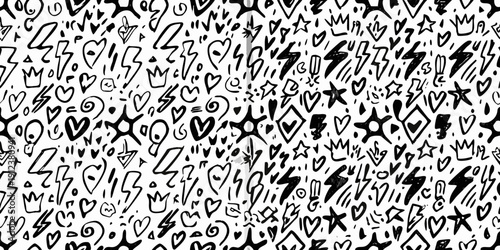 Seamless pattern of hand drawn doodles with hearts stars and lightning bolts