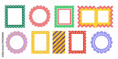 Colorful postage stamps with varied shapes and decorative borders displayed together