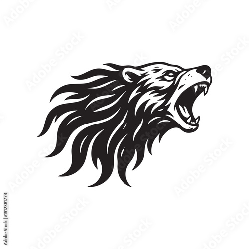 Roaring bear head with flowing mane abstract tribal vector illustration