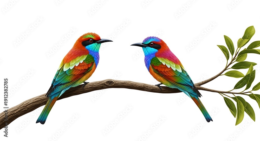 Fototapeta premium Two vibrant birds perched on a branch in a lush forest setting.