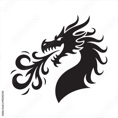 Stylized dragon head breathing smoke and fire swirls in black silhouette art
