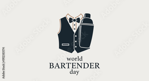 Vector illustration of a vest and shaker for World Bartender Day with a simple design on a neutral background.
