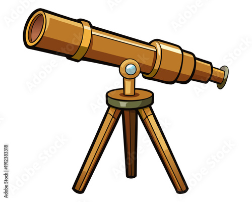 Cartoon telescope illustration showcasing golden-brown telescope, wooden tripod and lens from angled viewpoint against clean white backdrop