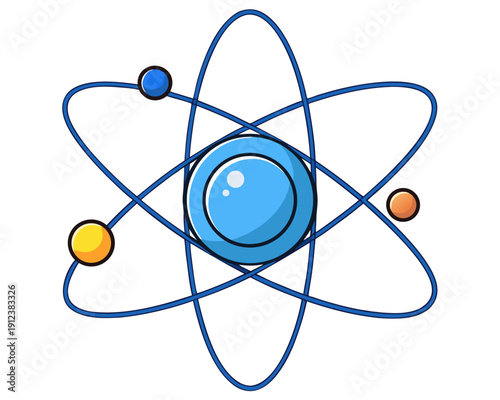 Colorful educational illustration of an atom with nucleus, orbiting electrons, vibrant circles, viewed from a flat graphic perspective